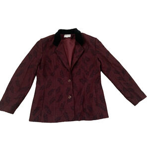 Aboulea Blazer Womens Sz 13 Made in Italy Burgundy w/ Black Collar Leaf Pattern